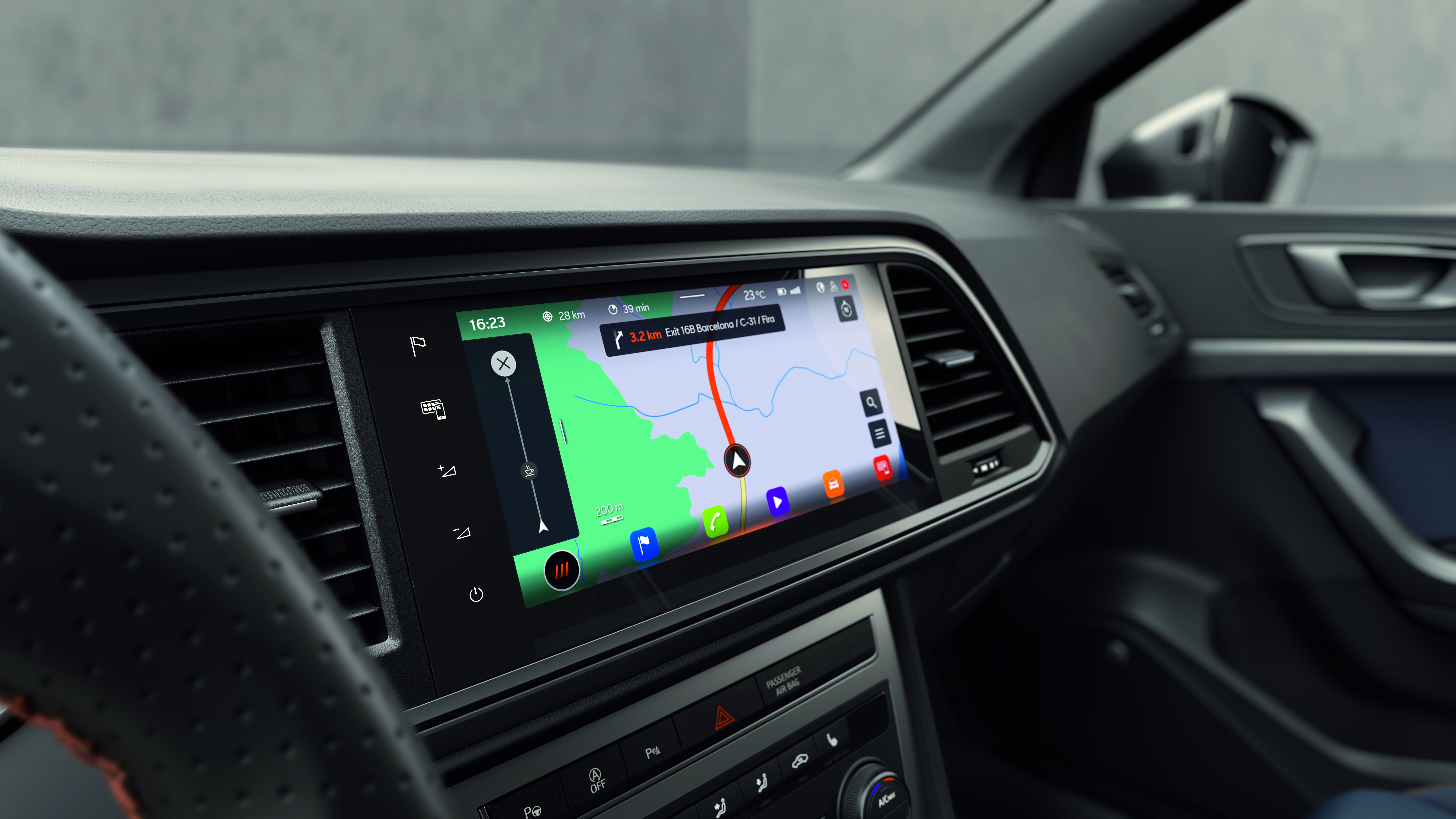 Close-up view of the 9.2" Navi System in the CUPRA Ateca, showcasing fully online navigation with clear and detailed mapping for precise route guidance.