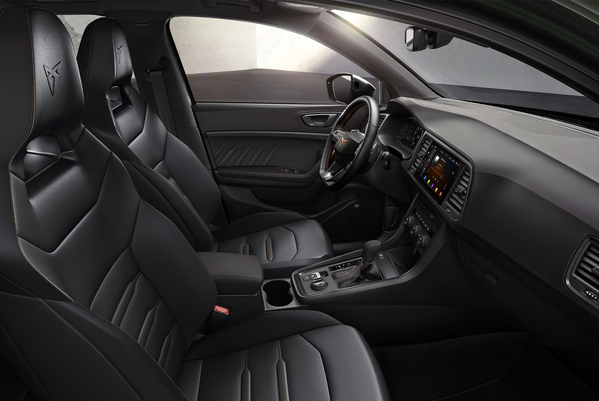 Interior view of the CUPRA Ateca v with appointed Black Leather seats, offering a polished and sophisticated look to enhance your driving experience.